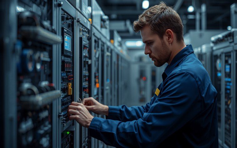 Ingeniero trabajando en un tablero eléctrico industrial con PLC